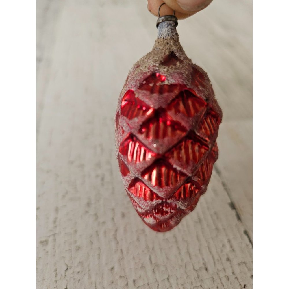 Antique flocked pinecone red mercury glass ornament axis tree